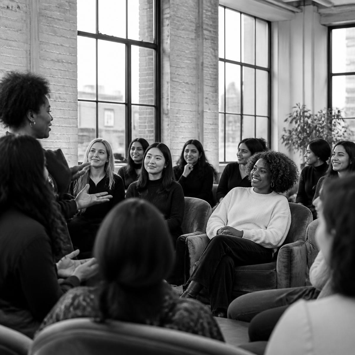 Women of different ages and backgrounds talking together in a relaxed community space