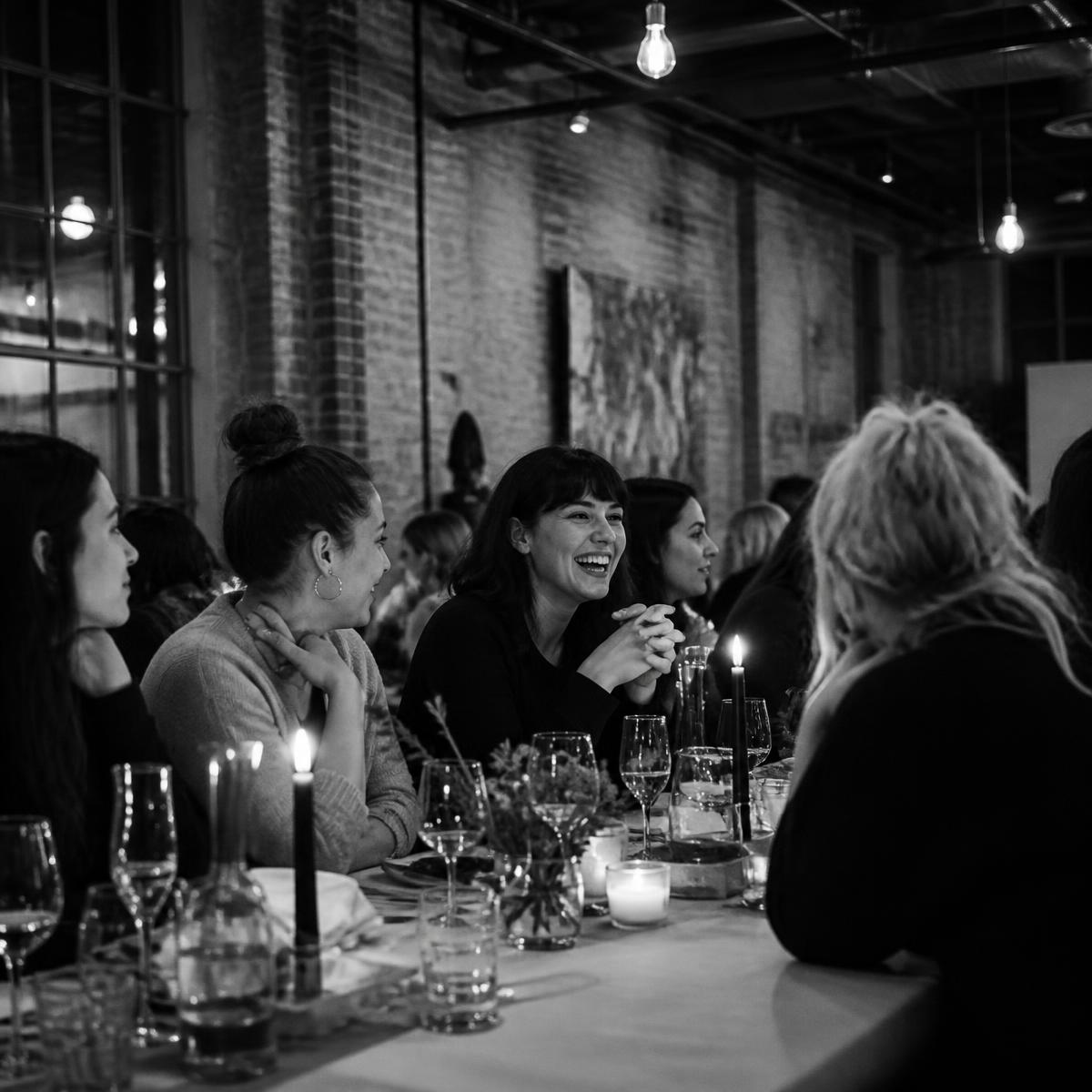 Women laughing together at a candlelit table at The AI Social launch