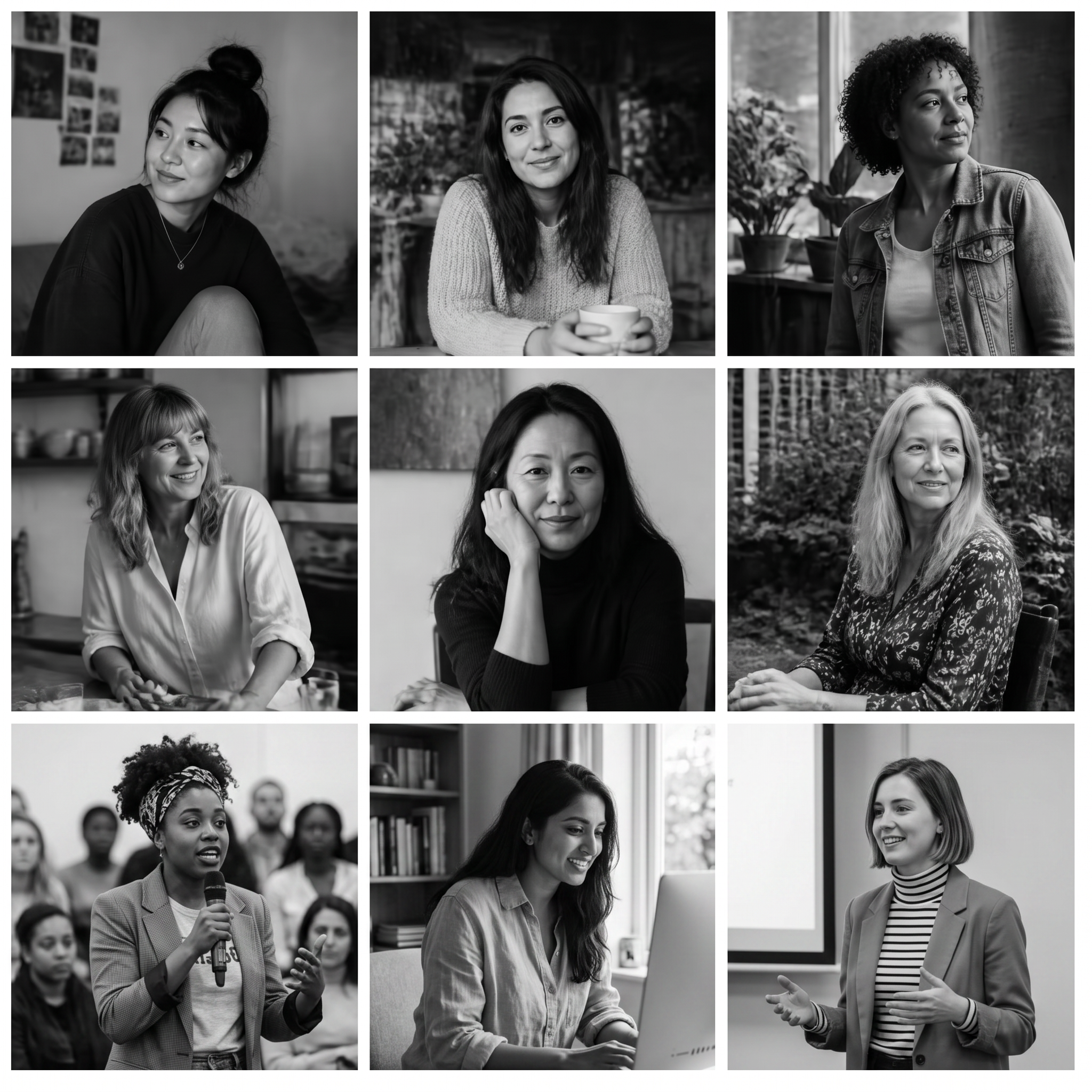 Grid of nine diverse women speakers of different ages, backgrounds and styles