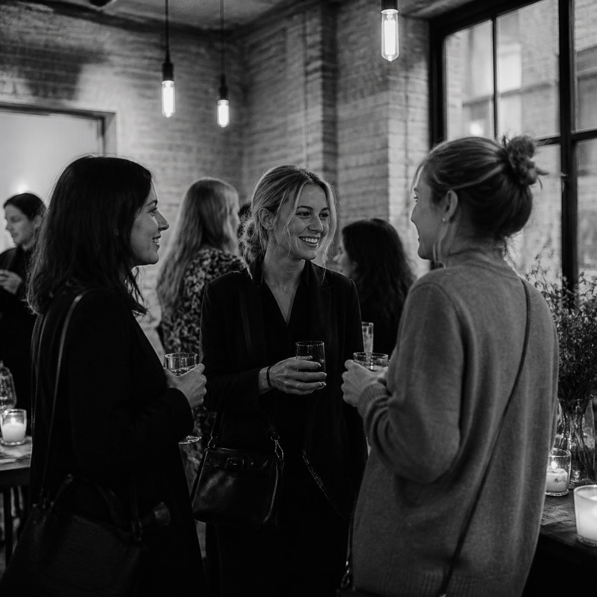 Women chatting at a social meetup in a candlelit bar