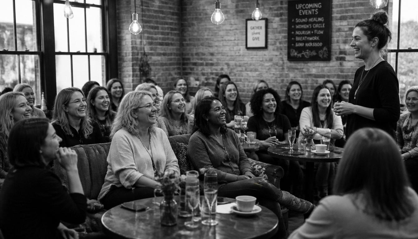 Woman speaking to a smiling audience of women at The AI Social launch