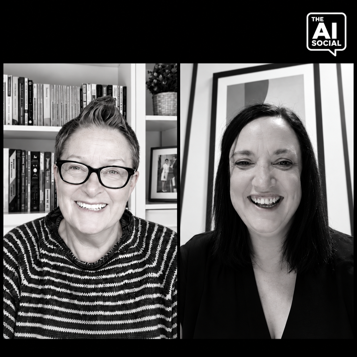 Black-and-white video call portraits of Professor Sue Black OBE and Laura Walker, founder of The AI Social