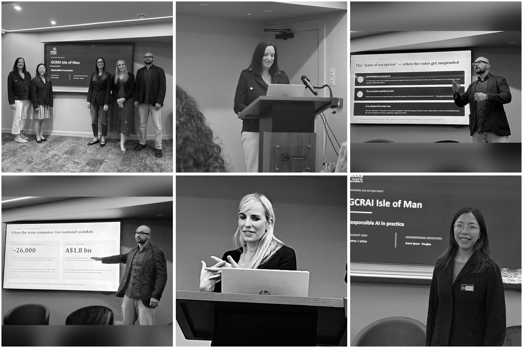 Scenes from the GCRAI Isle of Man responsible AI event, including speakers and attendees